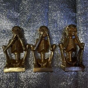 Set of "See No Evil, Hear No Evil, Speak No Evil" Gold Skeleton Figurines